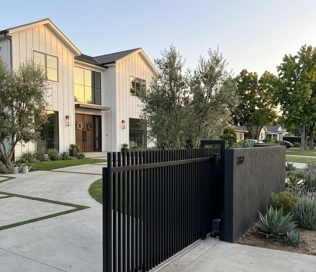 Modern vertical slat black iron automatic gate at contemporary property
