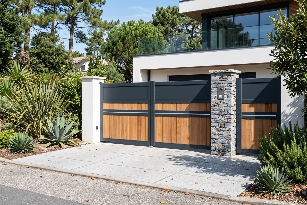 Modern black steel and cedar automatic sliding gate installation