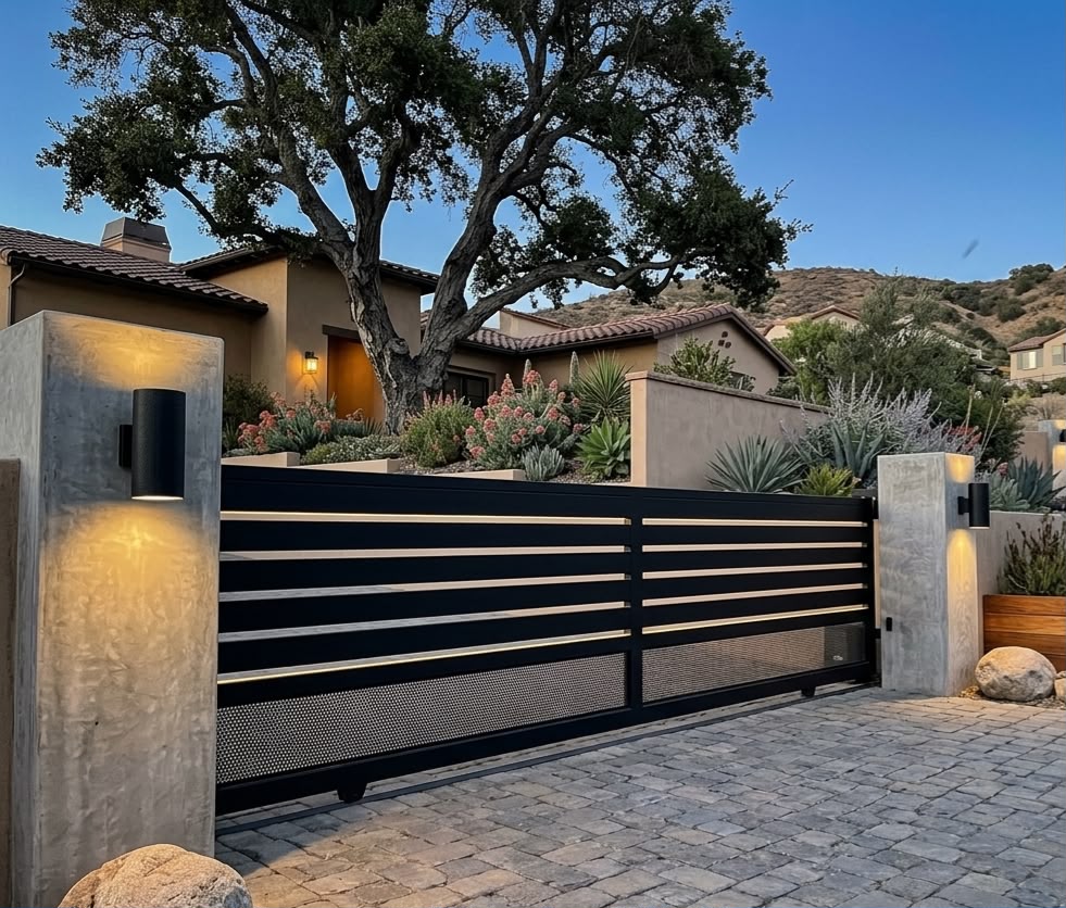 Modern black automatic sliding gate with illuminated concrete pillars, Santa Clarita Valley installation