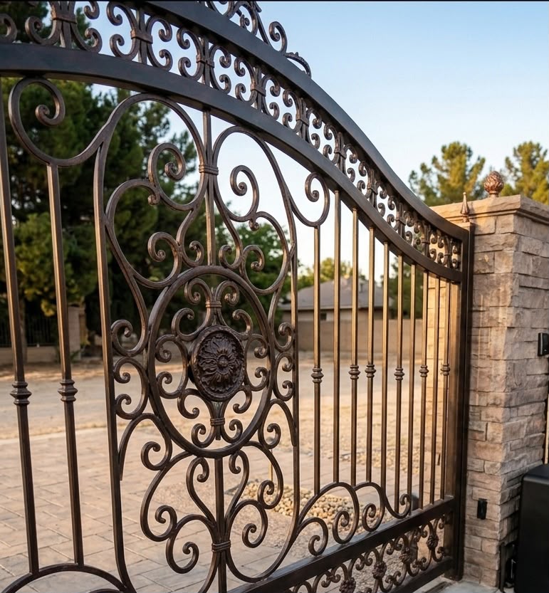Ornamental scrollwork bronze iron gate with stone pillars, custom craftsmanship