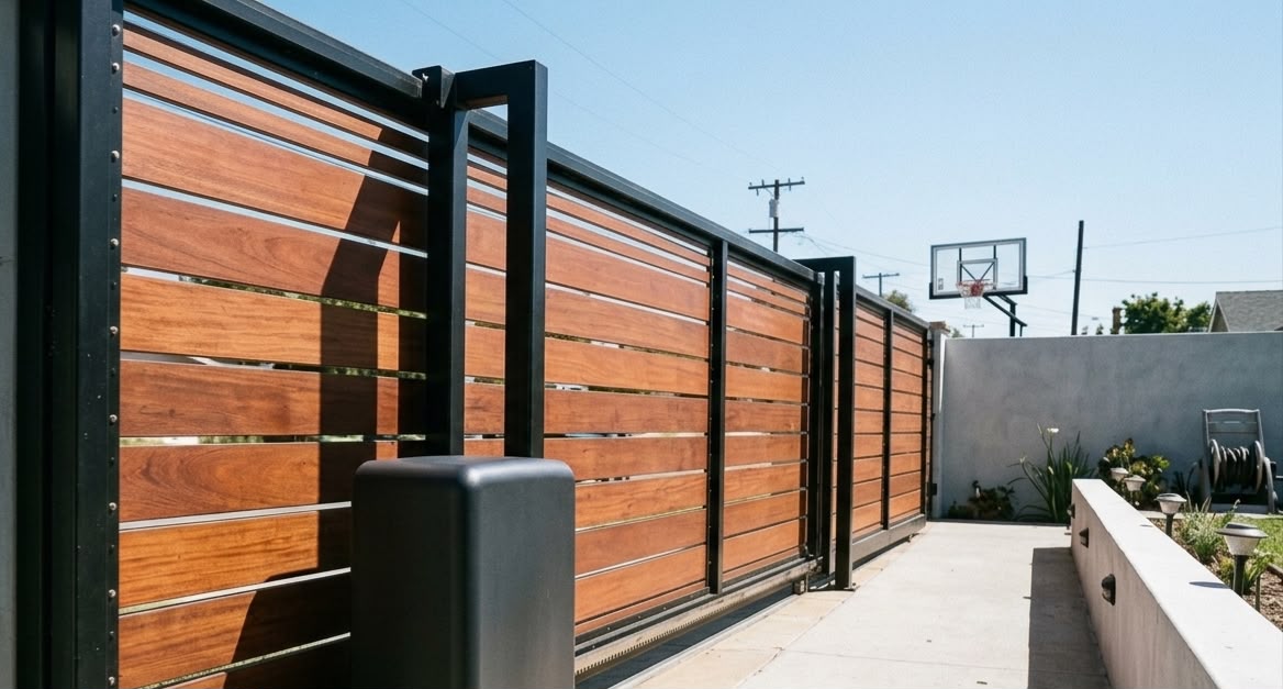 Automatic gate motor housing and hardware visible on residential gate